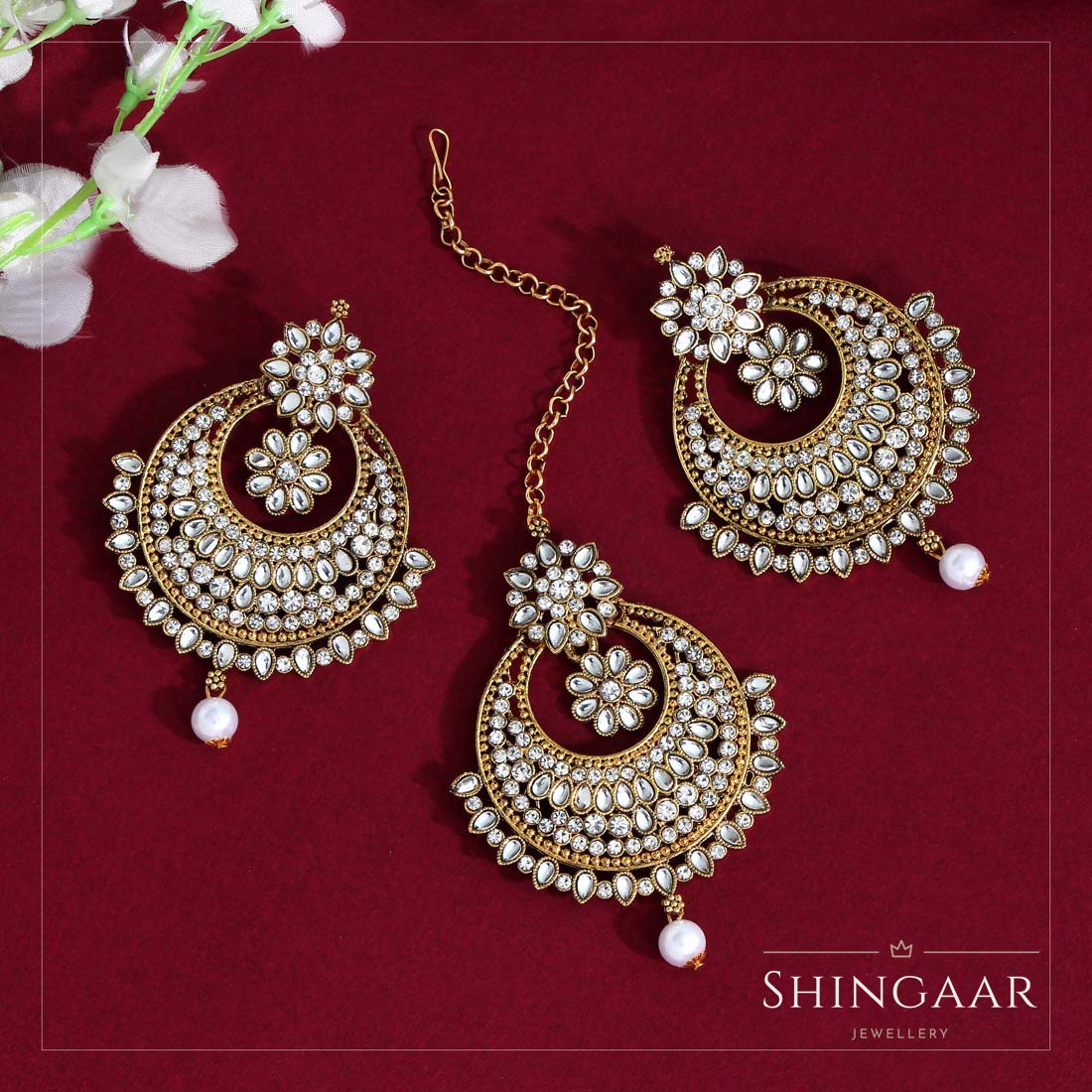 White Color Kundan Earrings With Maang Tikka – Shingaar Jewellery