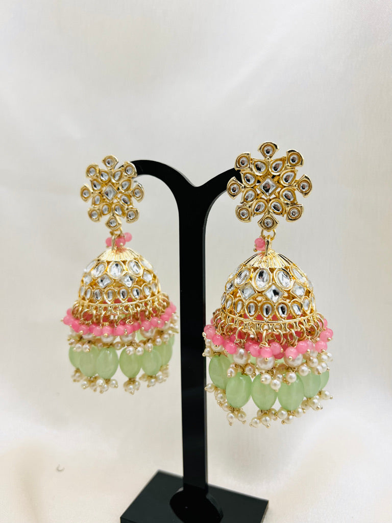 Pink/Green Jhumka Earrings