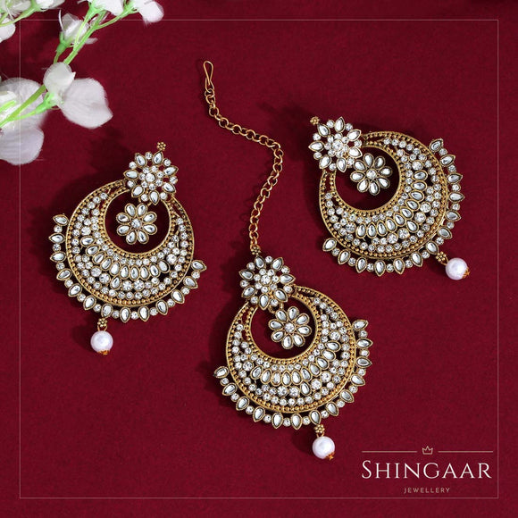 Amazon.com: Jwellmart Women's Indian Bridal Collection Kundan Stone Pearl Maang  Tikka Earring Set (Pink): Clothing, Shoes & Jewelry
